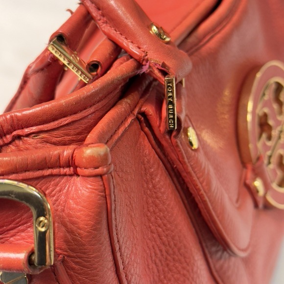 Tory Burch Amanda Red/Orange Pebble Leather Logo Hobo Shoulder Bag No Strap - Picture 7 of 16
